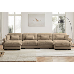Modern Velvet U Shaped Sectional Sofa Cloud Couch with Movable Ottomans and Bolstered Armrests in Camel