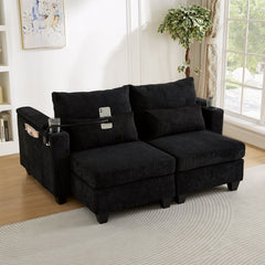 Convertible Chaise Lounge 63' Loveseat Sofa Bed with USB Ports, Cup Holders, Phone Holder & Storage, Black Corduroy