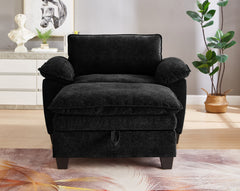 51' Oversize Chaise Lounge Chair with Ottoman and Storage  Upholstered Soft Chenille Black