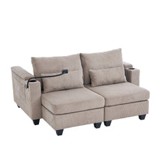 Convertible Chaise Lounge 63' Loveseat Sofa Bed with USB Ports, Cup Holders, Phone Holder, Storage, Brown Corduroy