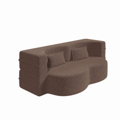 Modern Floor Sofa with 2 Pillows,Convertible Teddy Fabric Foam Filled Sleeper Sofa Bed,15 ' Full Size Folding Mattress for Living Room,Guest Bed,Playroom,No Assembly Required,Brown