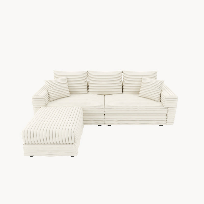 82.7 ' Plush Corduroy 3-Seat Sofa, Modern Comfy Upholstered Sofa Cloud Couch, Deep Seat Couches with Soft Pillows and 1 Ottomans, Convertible Sofa Lounge Chair, for Living Room,Apartment,Office,Beige