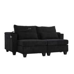Convertible Chaise Lounge 63' Loveseat Sofa Bed with USB Ports, Cup Holders, Phone Holder & Storage, Black Corduroy