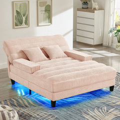 Modern Chaise Lounge Sofa 57.1' Sofa Bed with Adjustable Backrest and LED Light Strip, Pink Chenille Upholstered