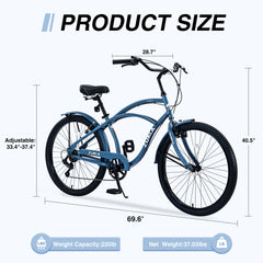 7 Speed Bicycles,  Multiple Colors 26'Inch  Beach Cruiser Bike