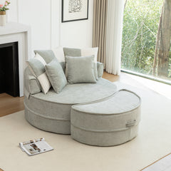 Modern Oversized Blue Round Barrel Accent Chair with Ottoman - Velvet Upholstered Lounge Armchair with 5 Pillows for Living Room or Bedroom