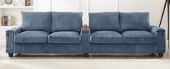 Modern 4-Seater Corduroy Sofa Couch with USB Ports, Hidden Storage, Flip-Top Cup Holders, Blue, 133'
