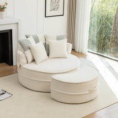 Modern Oversized Beige Round Barrel Accent Chair with Ottoman - Velvet Upholstered Lounge Armchair with 5 Pillows for Living Room or Bedroom