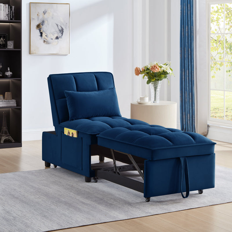 4 in1 Multi-Function Single Sofa Bed with Storage Pockets,Tufted Single Pull-out Sofa Bed with Adjustable Backrest and Pillows ,Convertible  Chaise Lounge, Navy