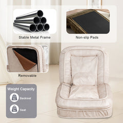 Upholstered Human Dog Bed for Adults and Pets - Bean Bag Floor Sofa with Massage Pillow, 5 Adjustable Positions & 2 Soft Pillows - Beige Velvet with Foam and Iron - Plastic Frame
