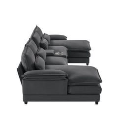 Modern U-shaped 6-Seat Sofa with Console, Cupholders, USB Ports, Velvet Upholstery in Gray