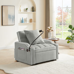 3-in-1 Convertible Sleeper Chair Sofa Bed, Adjustable Pull Out with Multi-Pockets in Gray Velvet