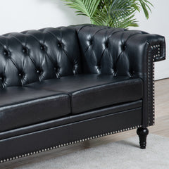 Traditional Black PU 3-Seater Sofa with Removable Cushions and Birch Legs, 83.66 Inch Width