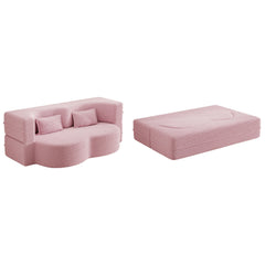 Modern Floor Sofa with 2 Pillows,Convertible Teddy Fabric Foam Filled Sleeper Sofa Bed,15 ' Full Size Folding Mattress for Living Room,Guest Bed,Playroom,No Assembly Required,Pink
