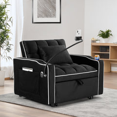 Convertible Sleeper Chair Sofa Bed with Multi-Pockets, Adjustable Pull Out Sofa for Small Spaces, Black Velvet