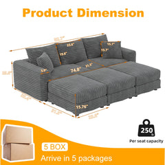 82.7 ' Plush Corduroy 3-Seat Sofa, Modern Comfy Upholstered Sofa Cloud Couch, Deep Seat Couches with Soft Pillows and 3 Ottomans, Convertible Sofa Lounge Chair, for Living Room,Apartment,Office,Grey