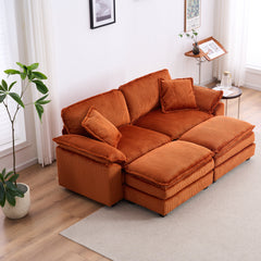 Corduroy 2-seats sofa With 2 back pillows,2 toss pillows and two ottoman,Comfy Sofa- Deep Seat Couch for Living Room,Orange