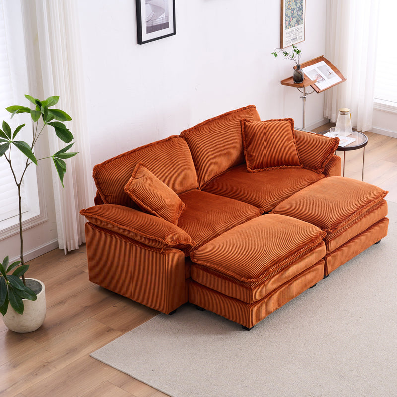 Corduroy 2-seats sofa With 2 back pillows,2 toss pillows and two ottoman,Comfy Sofa- Deep Seat Couch for Living Room,Orange