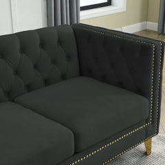 {Contact us for 3D modeling} Velvet Sofa for Living Room,Buttons Tufted Square Arm Couch, Modern Couch Upholstered Button and Metal Legs, Sofa Couch for Bedroom, Black Velvet ,2PCS