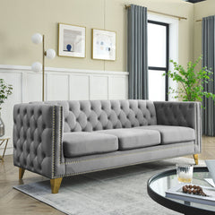 {Contact us for 3D modeling}  Velvet Sofa for Living Room,Buttons Tufted Square Arm Couch, Modern Couch Upholstered Button and Metal Legs, Sofa Couch for Bedroom, Grey Velvet .2PCS