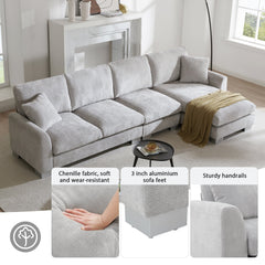 Modern Oversized L-shaped Sectional Sofa with Chaise and Free Pillows, Chenille Fabric, 119*55 Inches, Light Gray
