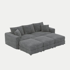 82.7 ' Plush Corduroy 3-Seat Sofa, Modern Comfy Upholstered Sofa Cloud Couch, Deep Seat Couches with Soft Pillows and 3 Ottomans, Convertible Sofa Lounge Chair, for Living Room,Apartment,Office,Grey