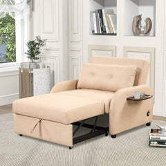 Versatile Pull Out Sofa Sleeper 3 in 1 with Wing Table & USB Charge, Beige Linen, Compact Design