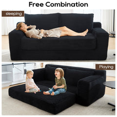 Loveseat Sofa Bed with Memory Foam & Steel Frame - Convertible 2-in-1 Design, Black Corduroy, No Assembly