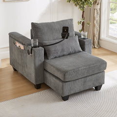 Convertible Chaise Lounge Sofa Chair Corduroy Sleeper with USB Ports, Cup Holders, Storage, Grey
