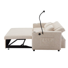 Convertible Sofa Bed Loveseat with USB Ports, Side Pockets, Cup Holders, Swivel Phone Holder, Beige, Bella Fabric
