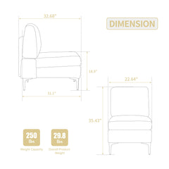 Modular Sectional Sofa Armless Seat Module, Corduroy Accent Chair with Back Cushion, Gray