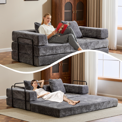 Floor Couch,Compression Sofa,Convertible Floor Sofa Bed-with Pillow Back Support Armrest,Comfy Futon Couch Lounge Sleeper Bed,Chenile fabric,for Living Room Bedroom (DARK-GREY)
