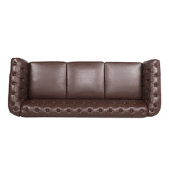 Dark Brown PU Rolled Arm Chesterfield Three Seater Sofa with Solid Wood Frame and Birch Legs