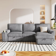 U_STYLE Upholstery Sleeper Sectional Sofa with Storage Bags and 2 cup holders  on Arms
