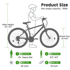 A26338 26 Inch Carbon Steel Frame Mountain Bike,21-Speed Dual V-Brake, Adult and Teens Bicycle for Mountain