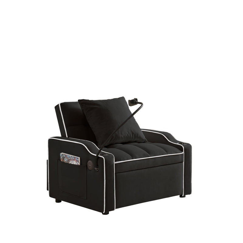 Convertible 3-in-1 Sofa Bed with Multi-Pockets and Adjustable Sleeper in Black Velvet