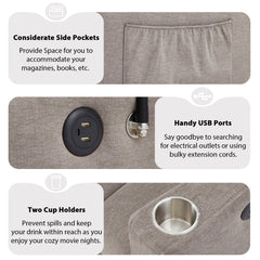 Convertible Sofa Bed Loveseat with USB Ports, Side Pockets, Cup Holders & Swivel Phone Holder, Light Grey Bella Fabric