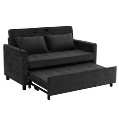 Contemporary 56.9' Loveseat Sofa Bed Sleeper with Reversible Backrest, Side Pockets, USB Ports, Phone Holder, Black Chenille