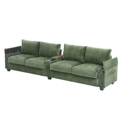 Modern 4-Seater Corduroy Sofa with USB Ports, Hidden Storage Arms, Flip-Top Cup Holders, Green, 133'