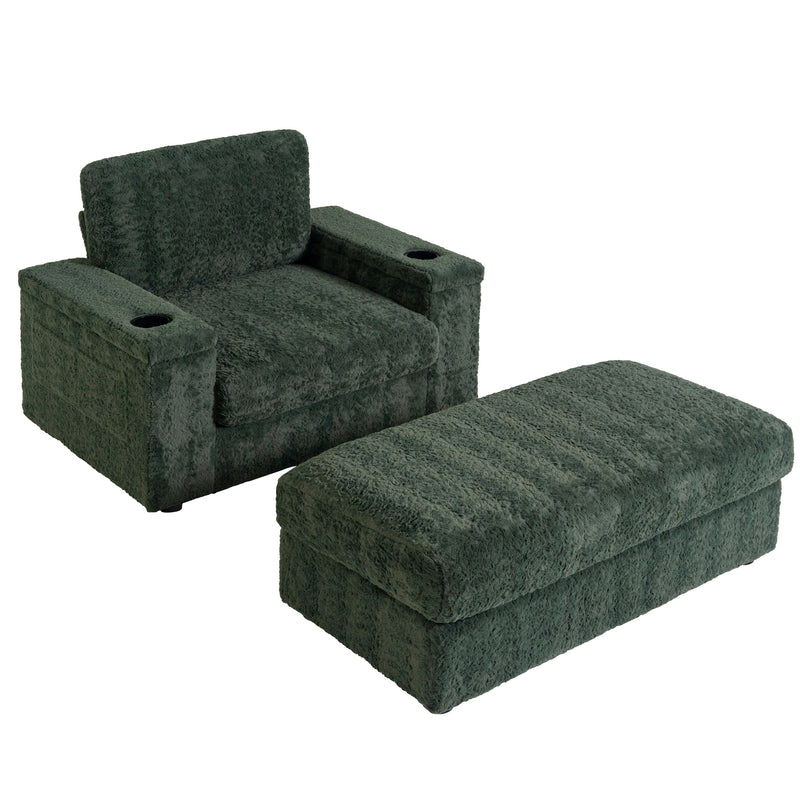 Oversized Chaise Lounge with Storage Ottoman and Cup Holders, Faux Rabbit Fur Upholstered Sleeper Chair, Deep Seat Sofa Bed - 42' Indoor Furniture, 4 Colors