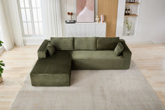 Compression Sectional Couch with Comfy Chaise, Boneless L Shape Sofa with Deep Seat, Minimalist Modular Couches Sleeper for Living Room Bedroom Apartment Lounge,corduroy,Green