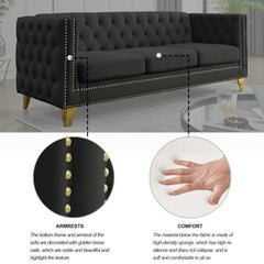 {Contact us for 3D modeling} Velvet Sofa for Living Room,Buttons Tufted Square Arm Couch, Modern Couch Upholstered Button and Metal Legs, Sofa Couch for Bedroom, Black Velvet(W834S00022)