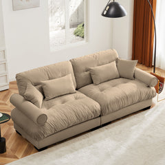 Modern Velvet Two-Seater Sofa with Bolstered Armrests and Pillows, Camel