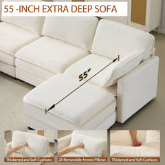 136' Plush Cloud 3-seater Sofa: Modular 4-seater Sofa + 2 Footstools with 22' Beige Chenille Cushions + 2 Throw Pillows - Compact Size for Apartment, Living Room, Bedroom (Beige)