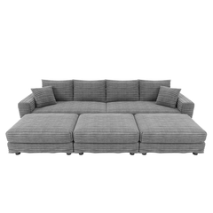 104.3 ' Plush Corduroy 4-Seat Sofa, Modern Comfy Upholstered Sofa Cloud Couch, Deep Seat Couches with Soft Pillows and 3 Ottomans, Convertible Sofa Lounge Chair, for Living Room,Apartment,Office,Grey