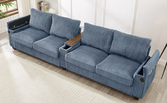 Modern 4-Seater Corduroy Sofa Couch with USB Ports, Hidden Storage, Flip-Top Cup Holders, Blue, 133'