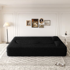 Modern Floor Sofa with 2 Pillows,Convertible Teddy Fabric Foam Filled Sleeper Sofa Bed,15 ' Full Size Folding Mattress for Living Room,Guest Bed,Playroom,No Assembly Required,Black