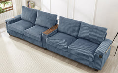 Modern 4-Seater Corduroy Sofa Couch with USB Ports, Hidden Storage, Flip-Top Cup Holders, Blue, 133'