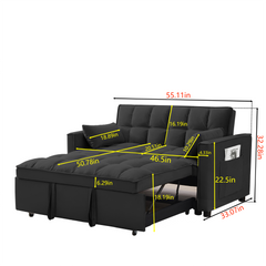 Modern Velvet Convertible Loveseat Futon Sofa with Pullout Bed, Reclining Backrest, Black