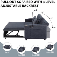 Convertible Sofa Bed Loveseat with USB Ports, Side Pockets, Cup Holders, and Phone Holder in Blue Grey Bella Fabric, 55.9'